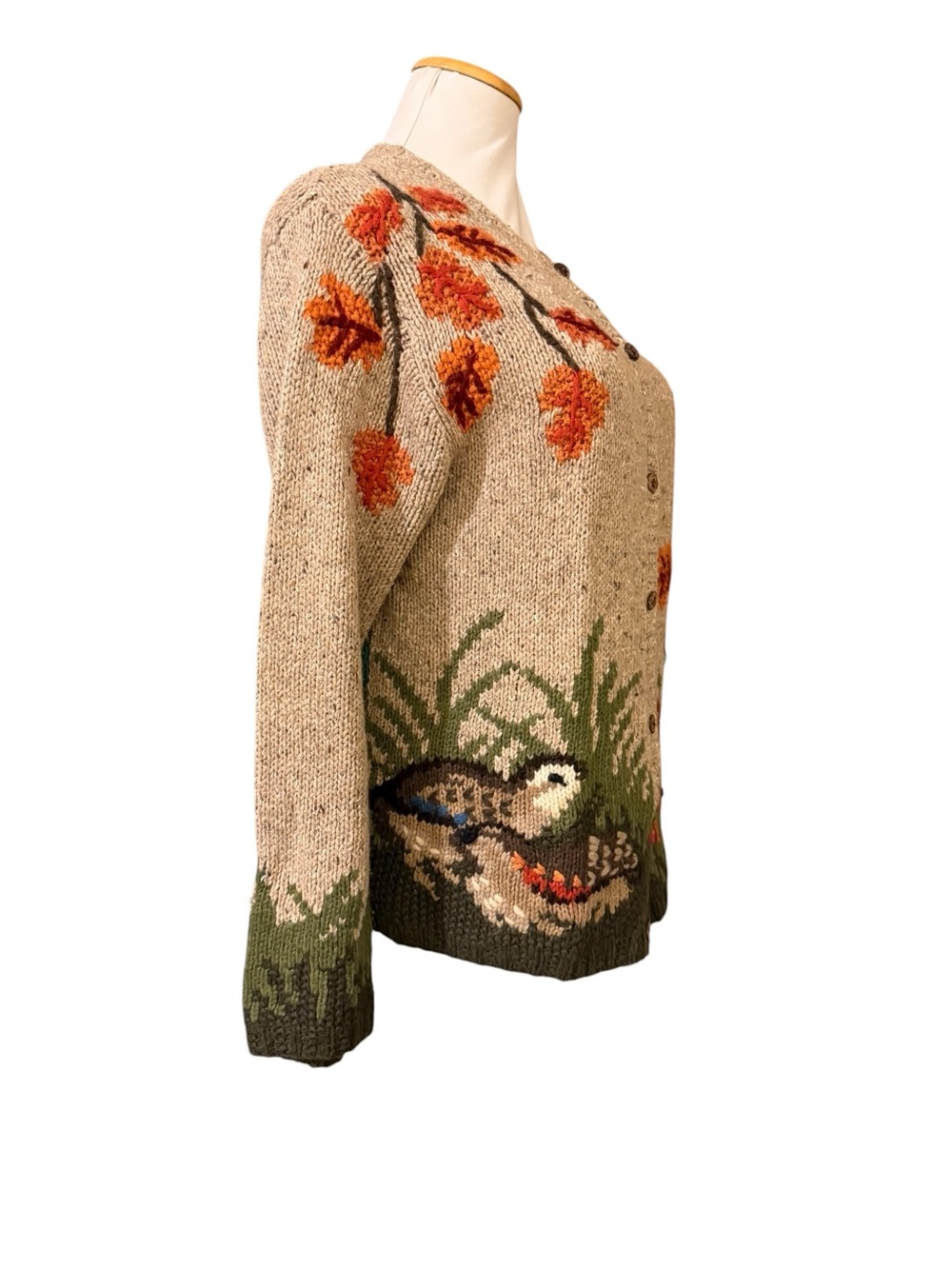 Northern Isles Cozy Scenic Embroidered Wool-Blend Cardigan Sweater - Dog/cabin - Picture 4 of 10